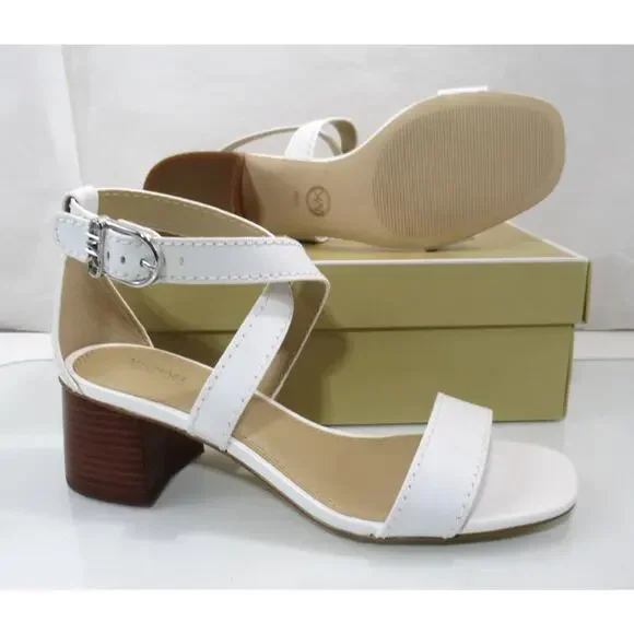 Michael Kors Ashton Mid Crisscross Stacked Block Sandal Leather White Size 9.5 - Picture 6 of 6
